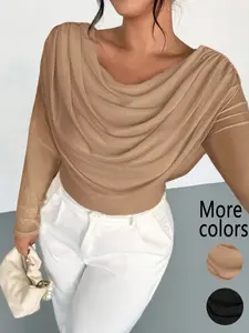 【Plus Size】1 Piece Women's Cowl Neck Sheer Long Sleeve Top, TikTok Viral "Quiet Luxury Elegant" & "Y2K Soft Feminine" Style, Stretchy Sheer Fabric & Draped Cowl Detail,Perfect for Office Looks, Date Nights & TikTok OOTD Posts, Womenswear