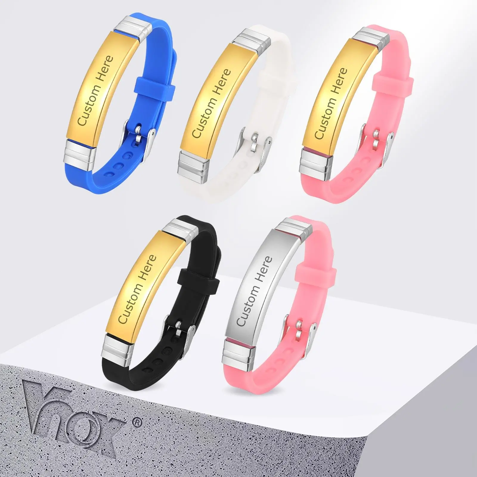Vnox Free Engraving Custom ID Bracelet for Women Men, Waterproof Soft Silicone Stainless Steel Medical Alert Adjustable Bracelet