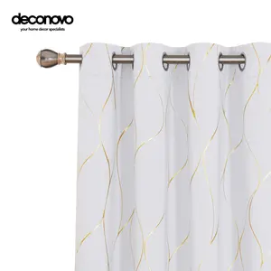 Blackout Curtains (2 Panels)  Deconovo Gold Wave Foil Print Grommet Drapes, Room Darkening Curtain, Window Panels for Living Room