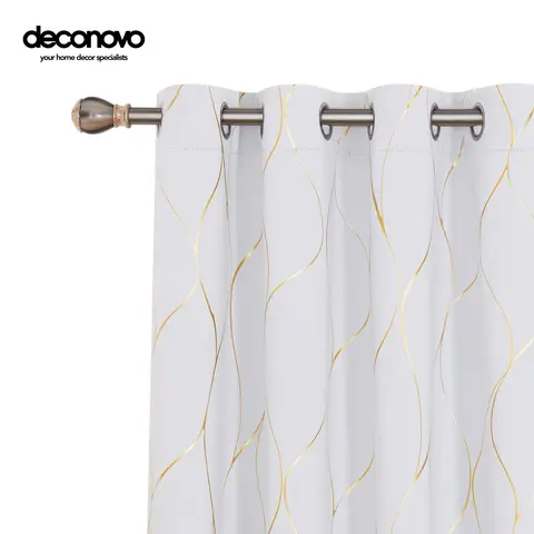 Deconovo 2-Pack Ready Made Grommet Blackout Curtain Panels, Modern Gold Wave Foil Print PVC Window Drapes, Easy Install Dark Curtains Blackout for Living Room with Privacy & UV Block