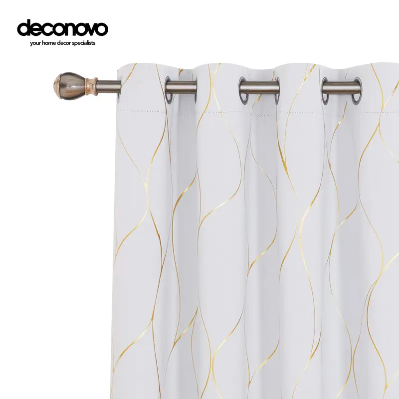 Deconovo 2-Pack Ready Made Grommet Blackout Curtain Panels, Modern Gold Wave Foil Print PVC Window Drapes, Easy Install Dark Curtains Blackout for Living Room with Privacy & UV Block