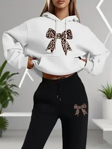 Women's Leopard Print Hoodie & Pants Set, Casual Long Sleeve Sweatshirt with Pockets, Spring & Fall Fitted Two-Piece