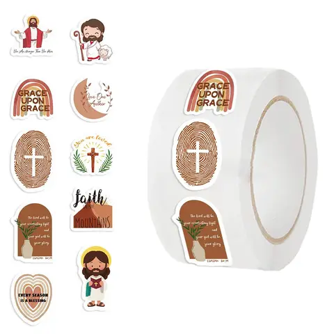 Christian Bible Sticker Roll, 500pcs/roll Jesus Christian He Lives Sticker, Cross Stickers, Religious Bible Cross Catholic Easter Decals, Office Stationery & Supplies
