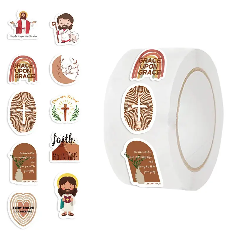 Christian Bible Sticker Roll, 500pcs/roll Jesus Christian He Lives Sticker, Cross Stickers, Religious Bible Cross Catholic Easter Decals, Office Stationery & Supplies
