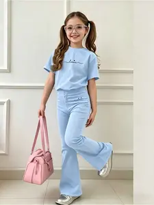 2 Piece Set Coffee Casual Loose Butterfly Pattern T-Shirt and Bell Pants, Girl All Day Bold Print, Round Neck Short Sleeve, Fall Comfortable