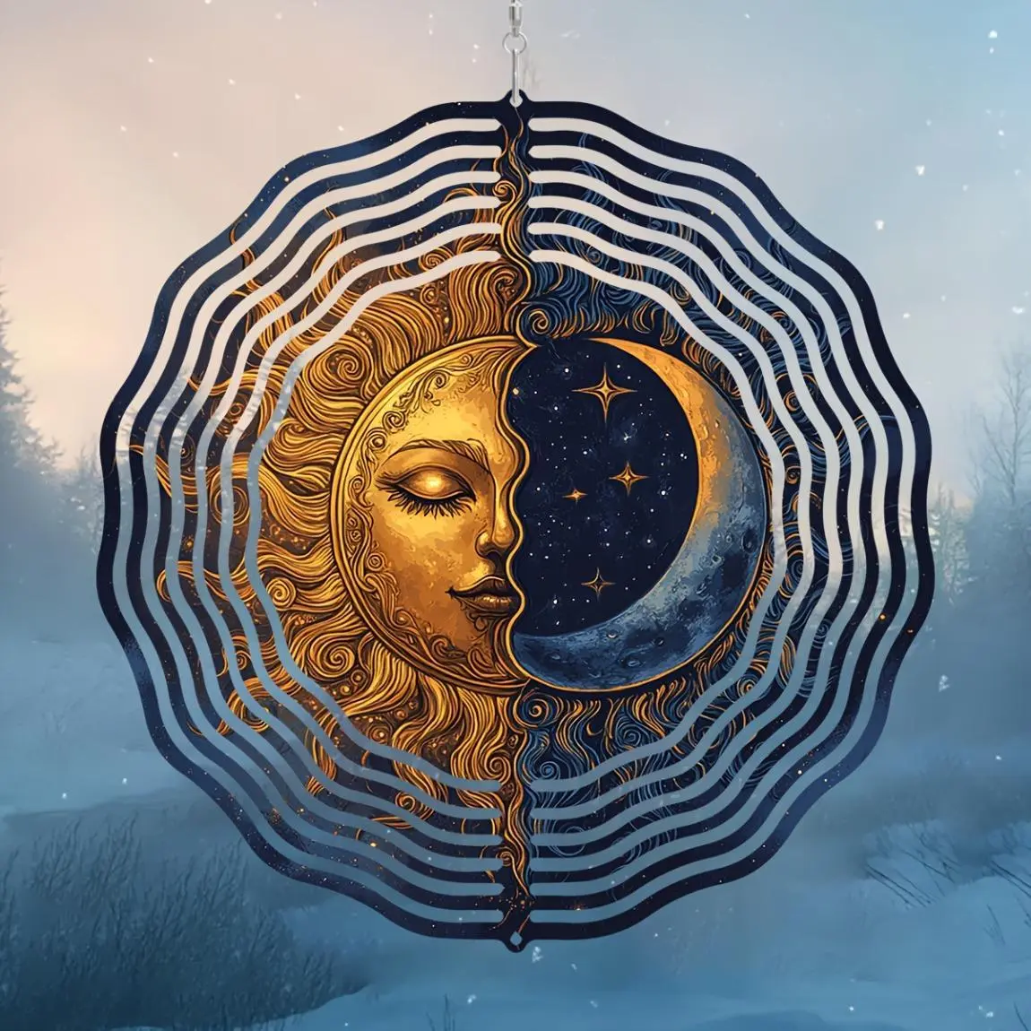 10-inch Celestial Wind Spinner, 3D Sun & Moon Laser-cut Metal Art with Geometric Patterns, 360° Rotating Wind Sculpture for Garden Decor