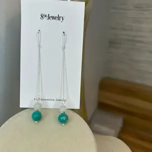 925 Sterling Silver Threader Earrings Made With Peruvian Amazonite and Moonstone Gemstones