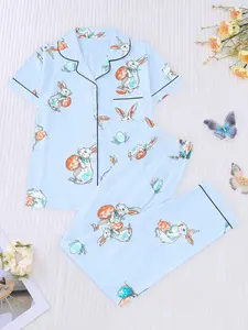 Easter Women's Sleepwear Pajama Set, Rabbit Egg Print, Casual Fitted Short Shirt & Elastic Long Pants, Soft Stretch Fabric, Fall&winter Loungewear Home Wear