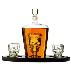 Skull Decanter, Skeleton Whiskey, Tequila & Wine Decanter Set 750 mL With 2 Skull Head 3oz Shot Glasses + Mahogany Wooden Base Decor Glass, Goth Spooky Drinking Glassware - Skull Barware