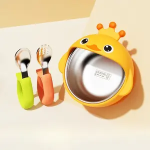 Stainless steel children's tableware baby eating suction cup bowl food grade silicone anti-knock mother and baby products Durable Utensils Tableware