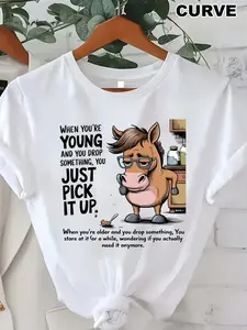 Plus Size, Humorous Cartoon Graphic T Shirt Features a Whimsical Horse with Glasses and Thoughtful Expression Bold Text About Aging and Dropping Things Perfect for Casual Wear and Conversation Starter, Festive Holiday Party Outfit for Adults