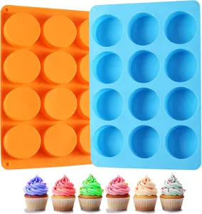 2PCS Silicone Molds, 12 Cavity Cookie Chocolate Round Silicone Mold, Baking Mold for Chocolate, Oreo, Cookie, Cany, Mini Cake, Dishwasher Safe (Orange+Blue)