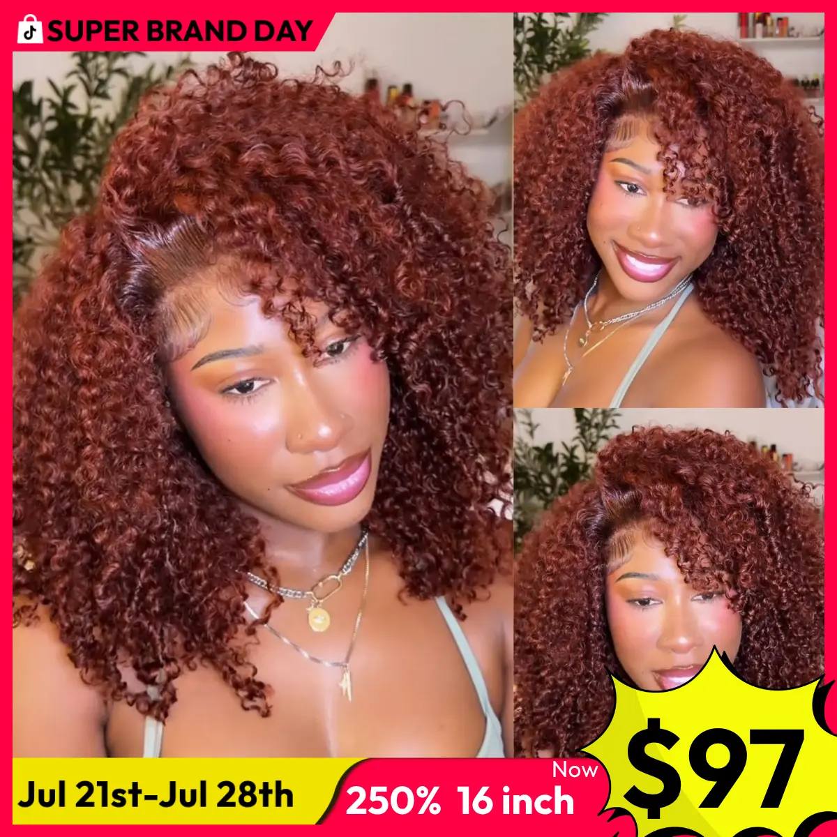 UNice 250% Density Reddish Brown Fluffy Afro Kinky Curly with Layered Finger Coil Ends Glueless 7x5 HD Lace Closure Human Hair Wigs No Slip Beginner-Friendly Natural Looking Summer Wig Super Brand Day