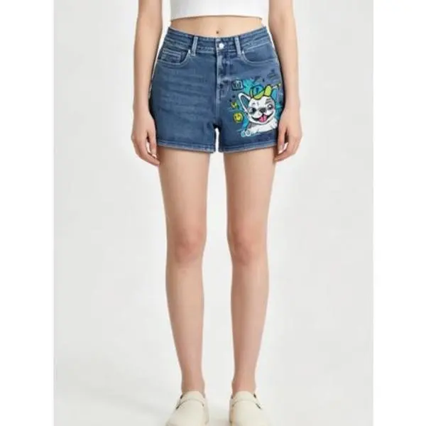 Women's High-Waist Light Wash Comfortable Stretch Denim Shorts - Cute Graffiti French Bulldog Printed Direct-to-Garment DTG Print Summer Casual Jean Shorts, Everyday