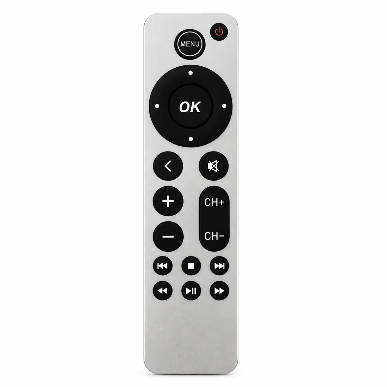 Remote Control for Media Devices with OK Button, Menu Button, and Channel +/- Controls