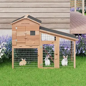 65" Solid Wood Rabbit Cage, Outdoor Rabbit Hutch with Run Area, Ventilation Fencing, Openable Roof, Lockable Doors and Ramp, Waterproof Animal House for Cats, Guinea Pigs, Ducks, Cherry