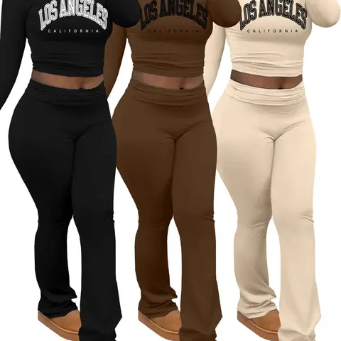 Women's Letter Print Long Sleeve Crop Tee & Flare Leg Pants Set, Casual Round Neck Top & Bell Bottom Trousers for Spring & Fall, Ladies Clothes for Daily Wear