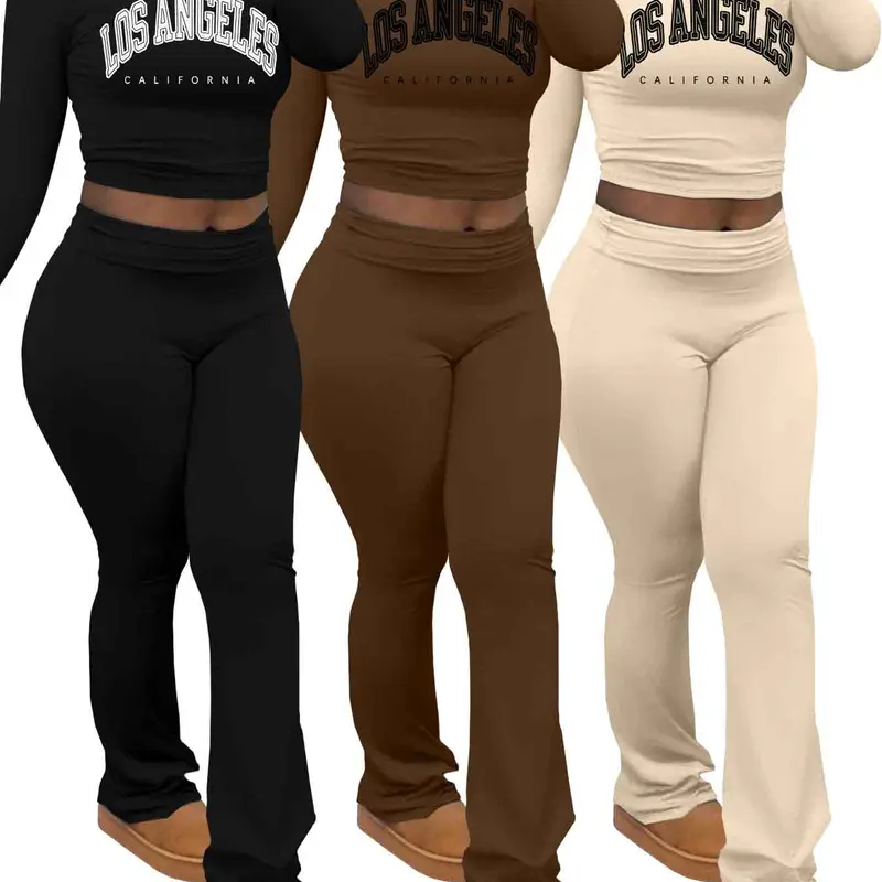 Women's Letter Print Long Sleeve Crop Tee & Flare Leg Pants Set, Casual Round Neck Top & Bell Bottom Trousers for Spring & Fall, Ladies Clothes for Daily Wear