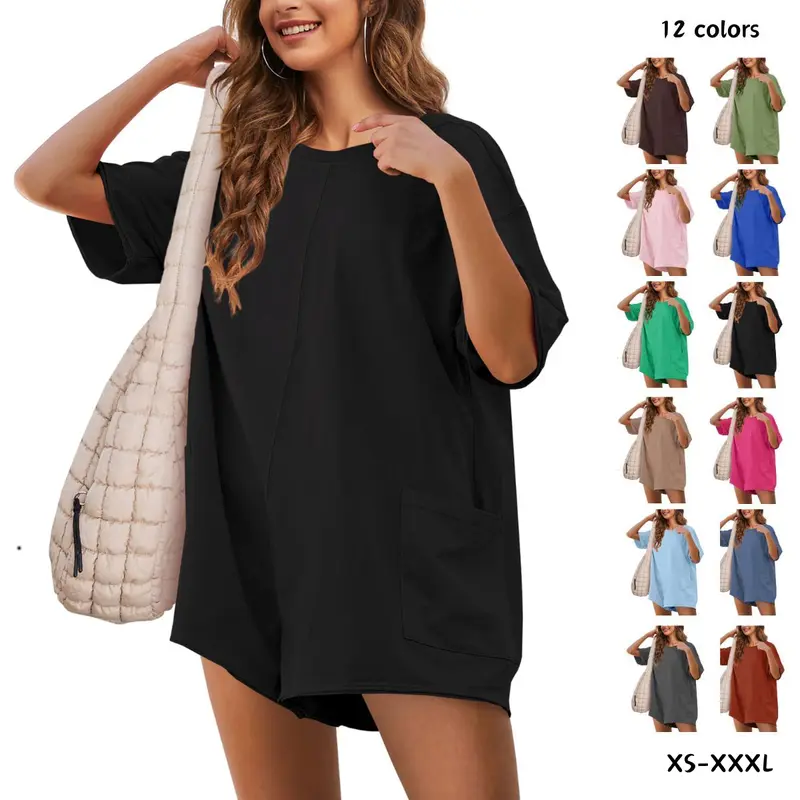 Yeokou Women's Cotton V-Back Romper - Oversized Slouchy Short-Sleeve Reversible Pullover, Deep Pockets, Plus-Size Loose Casual Jumpsuit, Tee for Lounging & Workout