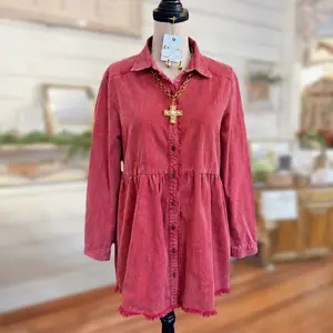 SageVell Denim Vintage Washed Red Button Up Coat Minidress Red Long Sleeve Casual Loose Fit Coat with Ruffled Placket & Hem Minimalist Womenswear