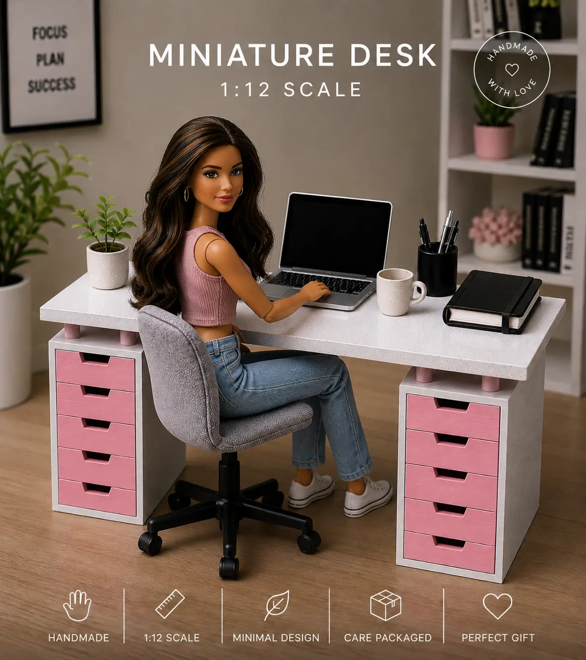 Scale Modern Miniature Dollhouse Office Desk with Drawers, Barbie Style Doll Office Furniture, Holiday Collectible Decor Accessory