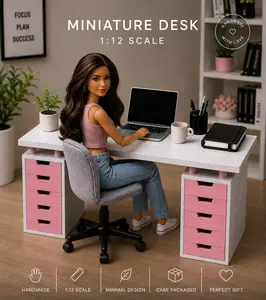 Scale Modern Miniature Dollhouse Office Desk with Drawers, Barbie Style Doll Office Furniture, Holiday Collectible Decor Accessory