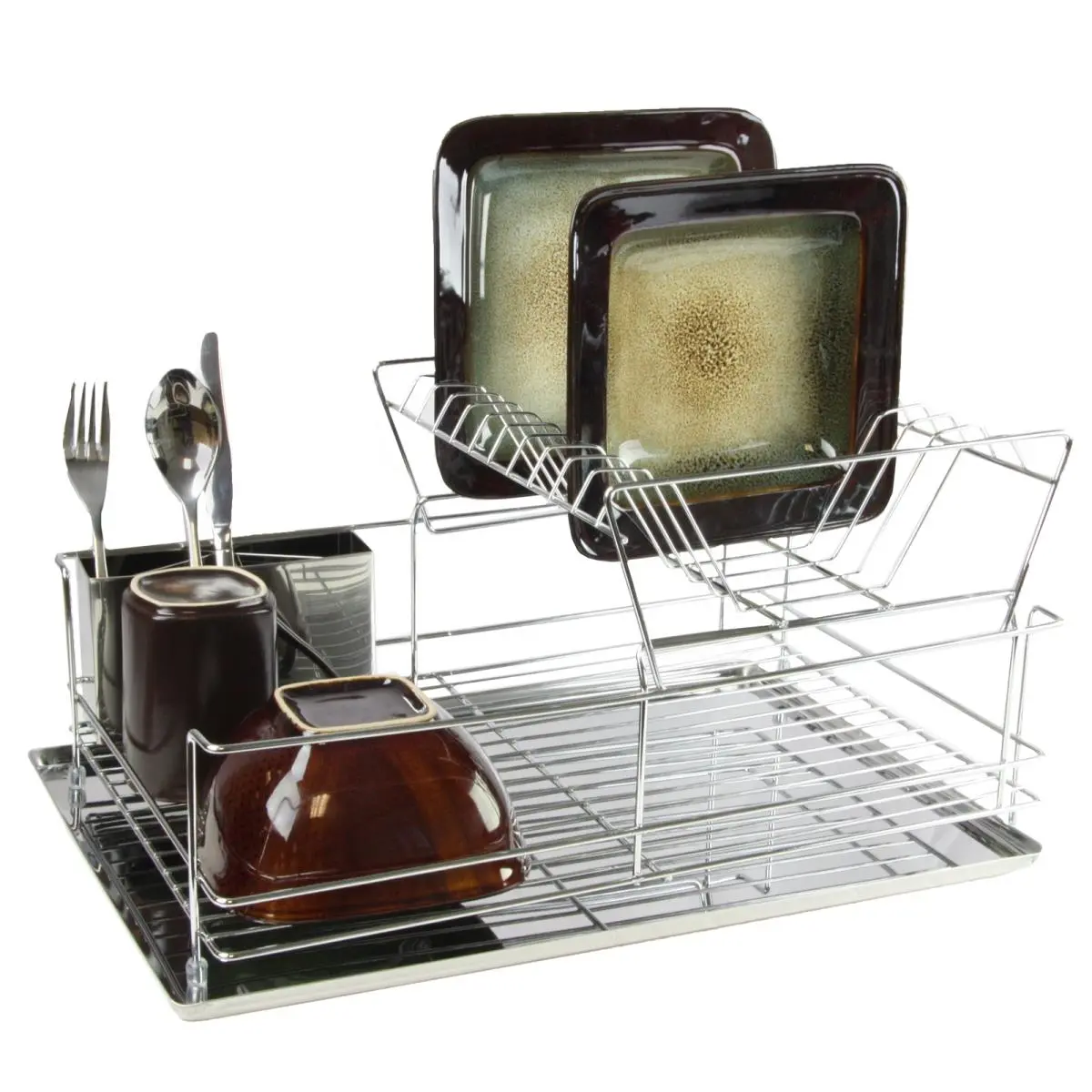 212 MAIN 2-Tiered 15.5 in. Stainless Steel Drying Rack - Hand-Washable Drainboard Dish Drainer with Utensil Organizer, Draining Tray for Efficient Drying, Camping Outdoor Cooking Needs, Drainboard Dish Drainers, Chrome Plated, Dishes