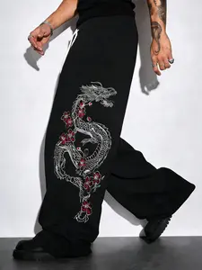 Japanese Dragon Embroidery Wide Leg Pants Men, New Traditional Drape Straight Tube Pants, Streetwear Loose Casual Trousers