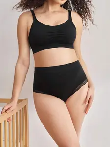 Maternity 3 Pcs Pack High-Waist Seamless Briefs with Contrast Lace & Scallop Pattern Casual Comfy Semi-Sheer Knitted Fabric