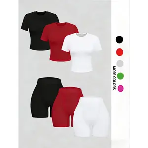 Women's Solid Round Neck Tee & High Waist Shorts Ribbed Set Casual Short Sleeve T-Shirt & Skinny Track Shorts, Women's Summer Clothes, Matching Clothing Set Women, Cute Summer Outfit, Stretchy Outfit Sets