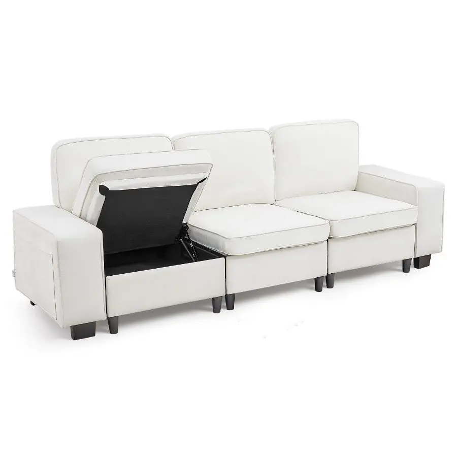 【toolupgrade】VEVOR 100-Inch Modular 3-Seater Modern Upholstered Storage Sectional Sofa - Comfy Couch with Deep Seats, Hidden Storage, for Living Room, Office, White, No