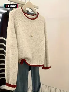 Elegant Warm Comfortable High-End Knitted Sweater for Women, New Long Sleeve Loose Fit Colorblock Round Neck CasualTop for Fall and Winter