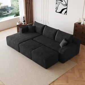 95 Inch Cloud Sectional sofa with 2 Ottomans, 5-Seat Modern Minimalist U-Shaped Deep Seat Couch, Plush Corduroy Fabric, No Assembly Needed, Black & Dark Grey  couch