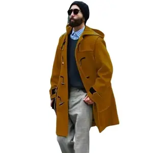 Men's woolen overcoat with horn buttons, thickened hooded outerwear, new woolen windbreaker Menswear Jackets