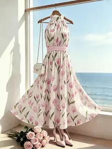 Tulip Print Midi Dress, Sleeveless A-Line Neckline, Comfortable Lightweight Chiffon Fabric, Colorblock Waist Design, Spring Summer Fashion