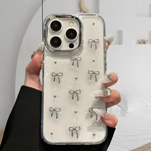 Bow Pattern Phone Case, Rhinestone Decor Phone Protective Cover, Phone Accessory Compatible with iPhone 13 Pro Max 14 Pro Max 15 Pro Max, Casing