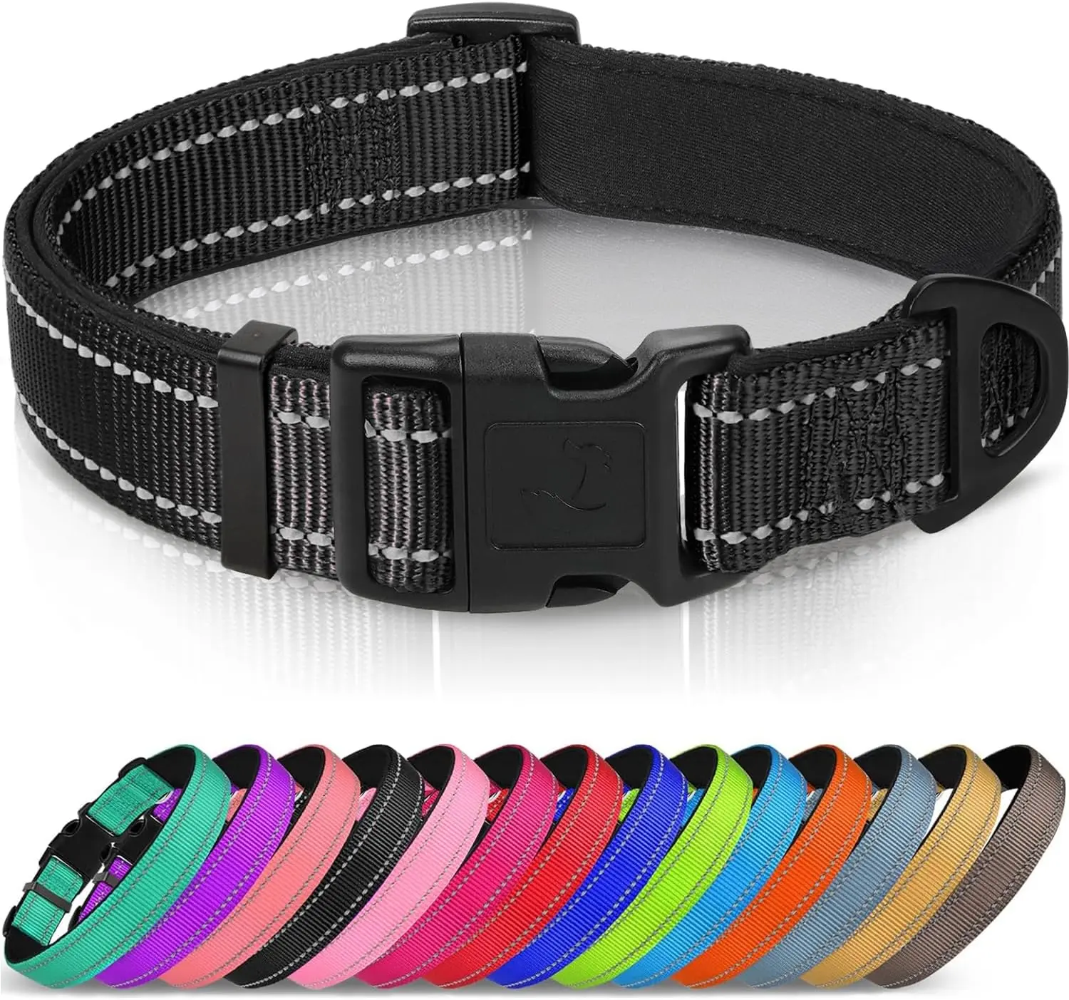 Reflective Dog Collar, Soft Neoprene Padded, Metal D-Ring, Nylon Pet Collar Adjustable for Large Dogs, Black, L