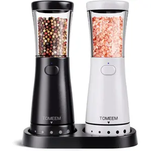 Electric Rechargeable Salt and Pepper Grinder Set with Storage Base, Stainless Steel, 4.5 oz Large Capacity, 1.8" Wide Mouth, Adjustable Coarseness, Ideal for Kitchen