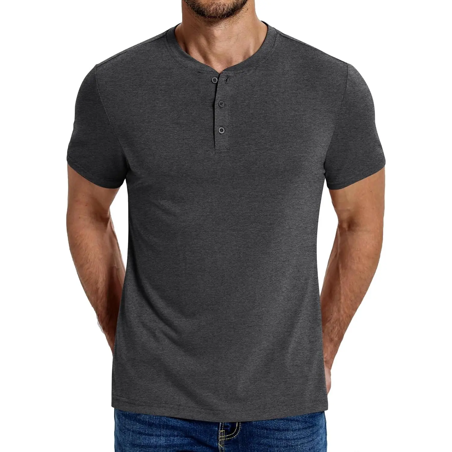 Men's Henley Shirts Cotton Short Sleeve Casual T-Shirt Button Henley Basic Tee Menswear Top Streetwear Tshirt