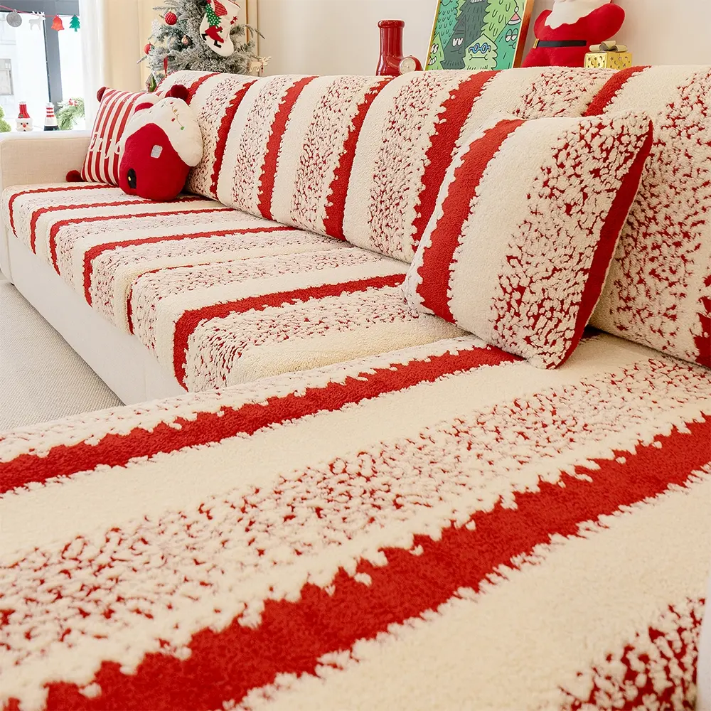 Classic Christmas Theme Fleece Sofa Cover, Sofa Slipcover, Warm Soft Dustproof Pet Friendly, Fits Two Three Four Seater Sofas, Winter Holiday Gift