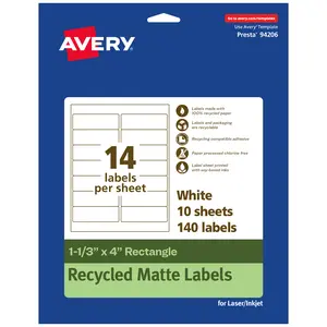 Avery Recycled Matte White Labels,  1-1/3" x 4" Rectangle