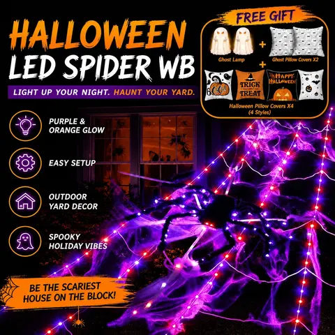 Halloween Giant Plastic Scary Spider Web Decorative Glowing LED Lights Set with Hook, 16.4ft 250 LEDs, 2.46ft Light-Up Big Spider, Violet/Violet-Orange Options, Outdoor Tree Garden Patio Decoration