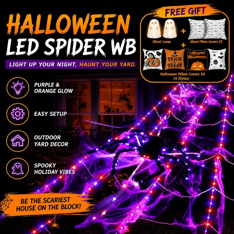 Halloween Giant Plastic Scary Spider Web Decorative Glowing LED Lights Set with Hook, 16.4ft 250 LEDs, 2.46ft Light-Up Big Spider, Violet/Violet-Orange Options, Outdoor Tree Garden Patio Decoration