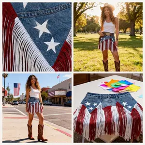 Patriotic Denim Fringe Tassel Denim Skirts,Red White Blue Tassel Waist Accessory