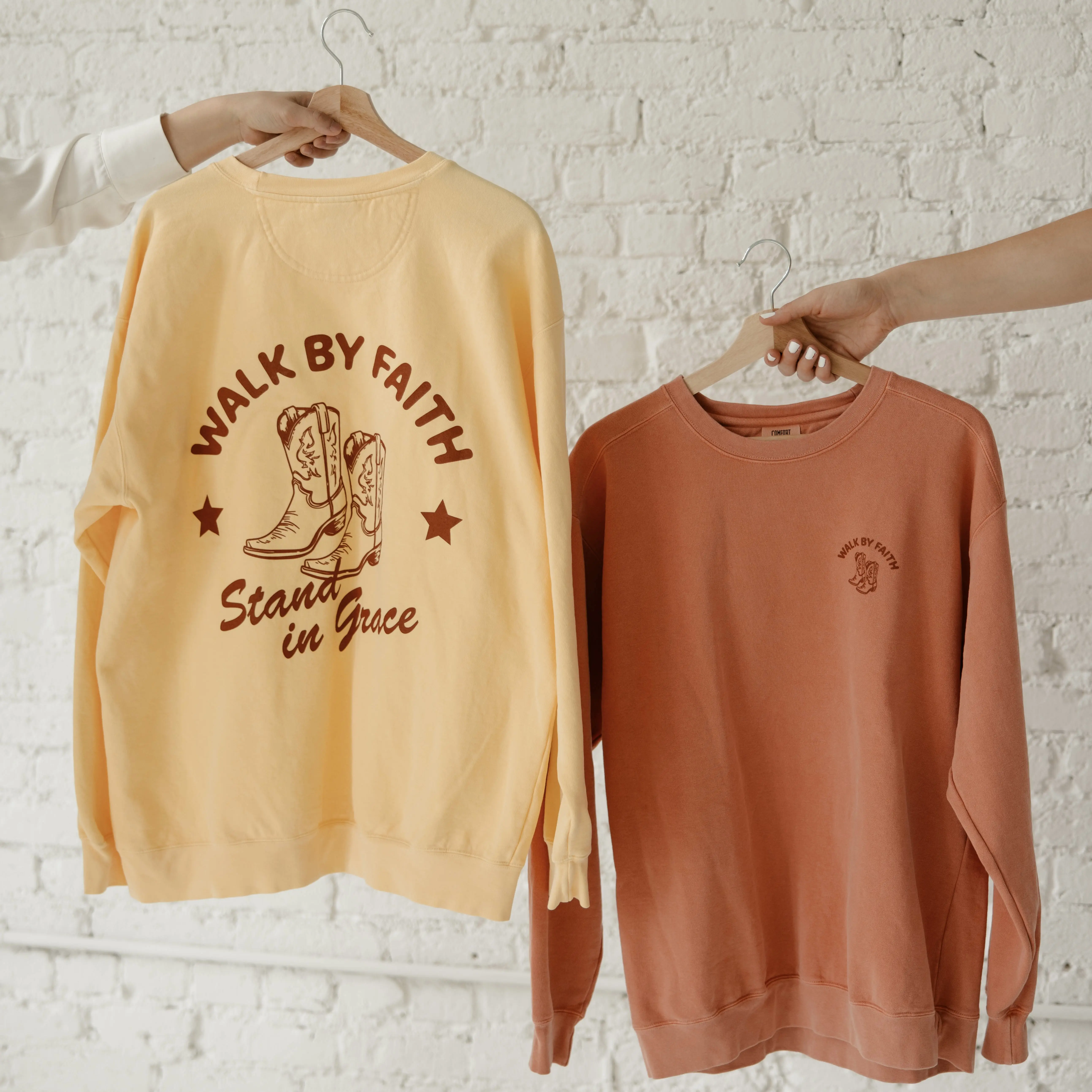 Steadfast and Sustained Women's Christian Printed Cowgirl Round Neck Hoodie-Sweatshirt, Premium Cotton Top, Casual Fit 1-Piece, Modern Minimalist Western Theme, Terracotta Orange & Butter Yellow Options, Faith & Grace Merch