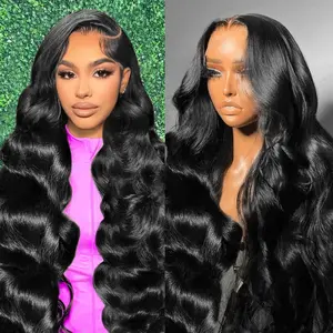 13x6 Lace Front Wigs Human Hair Pre Plucked 180% Density Body Wave HD Lace Front Wigs Human Hair Transparent Frontal Glueless Drawstring Wigs Human Hair with Baby Hair for Women Natural Black 14-36 Inch