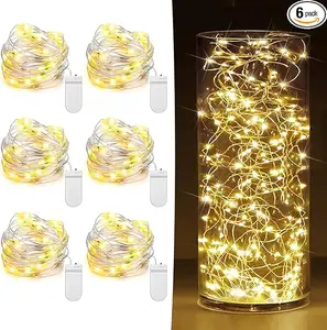 6 Pack Fairy Lights Battery Operated 7ft 20 LED Mini String Lights Twinkle Lights Silver Wire Firefly Starry Lights for Mason Jars Wedding Party Christmas Centerpiece Table Decorations, Warm White