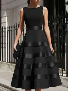 Women's Sleeveless Midi A-Line Dress, Solid Black Boat Neck Tiered Satin Panel Cocktail Dress, Elegant Fit And Flare Formal Party Guest Outfit, Minimalist Luxury Evening Wedding Guest Mid Length Dress