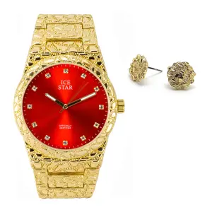 ICED HIP HOP GOLD FINISHED BLING GOLDEN NUGGET LUXURY RED DIAL CASUAL WATCH & EARRINGS COMBO SET Analog Luxury Luxury Casual