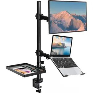Laptop and Monitor Stand 31.5 inch Pole, Fully Adjustable 14 to 27 inch Single Computer Monitor Arm and Laptop Desk Mount Combo with Storage Tray up to 17 inch Notebook/Laptop Arm with VESA 75/100mm